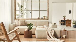 Modern interior of open space with design modular sofa, furniture, wooden coffee tables, plaid, pillows, tropical plants and elegant personal accessories in stylish home decor. Neutral living room.