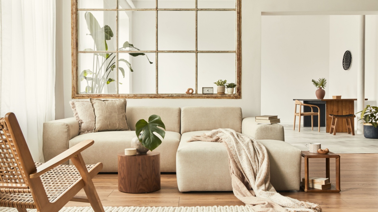 Modern interior of open space with design modular sofa, furniture, wooden coffee tables, plaid, pillows, tropical plants and elegant personal accessories in stylish home decor. Neutral living room.