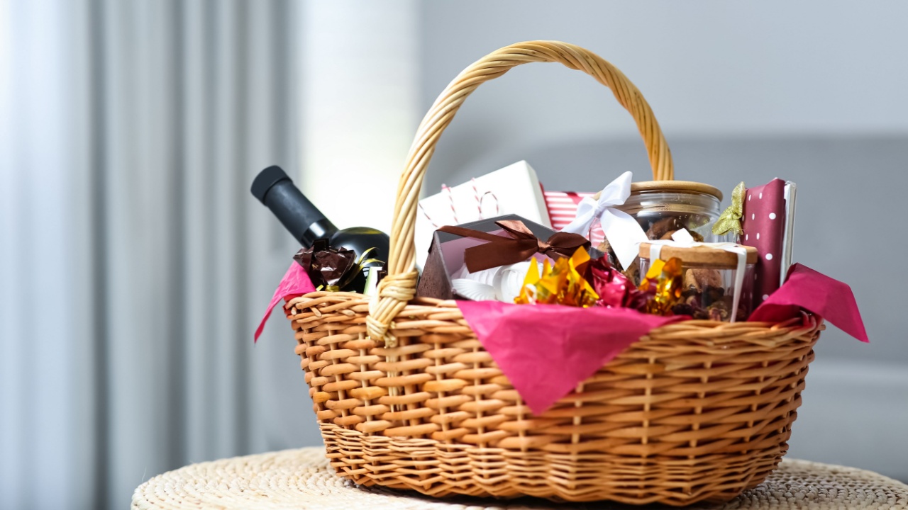 Wicker basket full of gifts in living room