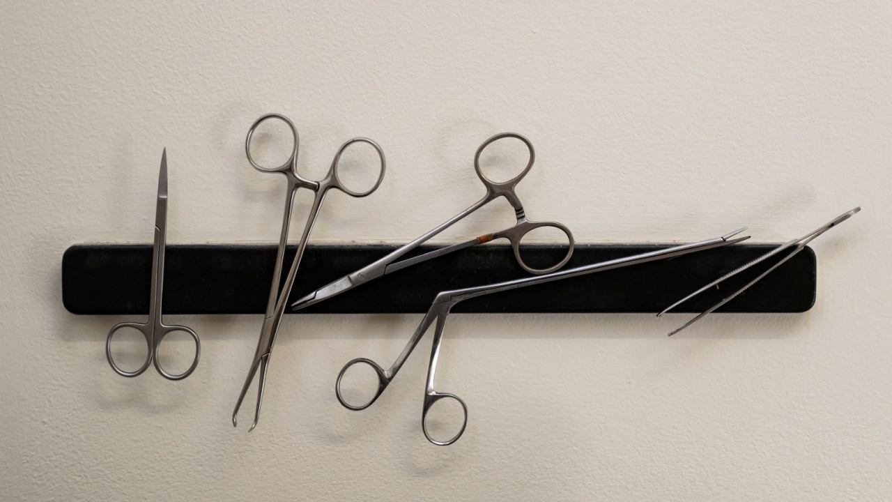 Metal surgical instruments on a magnetic bar on a clinic wall.
