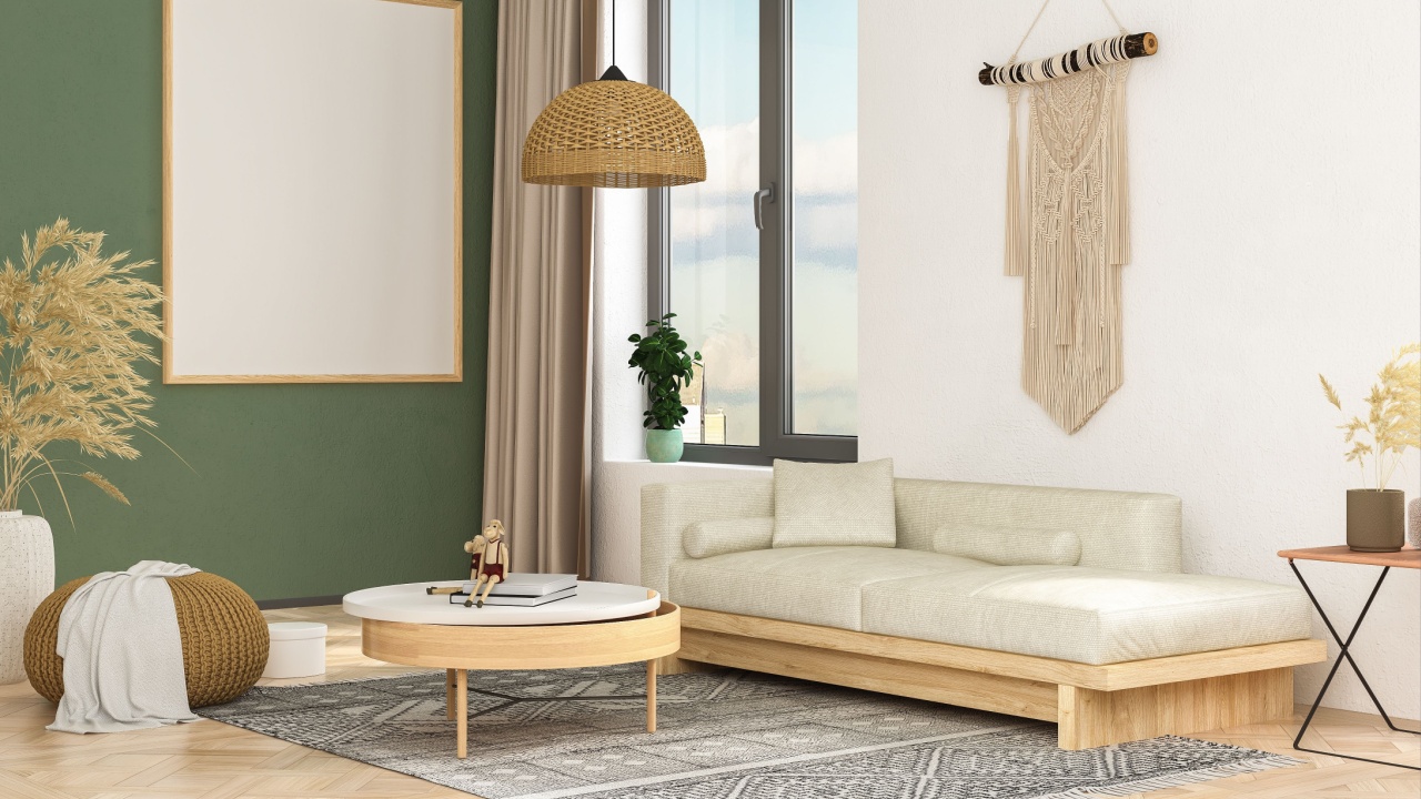 Stylish and design composition of living room with gray sofa, rattan armchair, cube, plaid, pillows, dried plants, macrame and elegant accessories. Stylish home decor. Bright interior. 3D Rendering