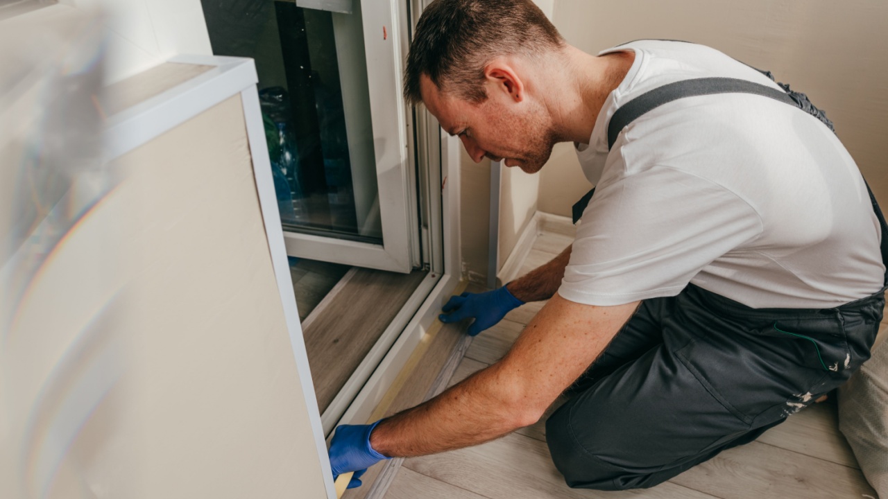 Young man wearing overalls applying mounting tape before sealing a door using waterproof silicone caulk on the balcony. Selective focus.