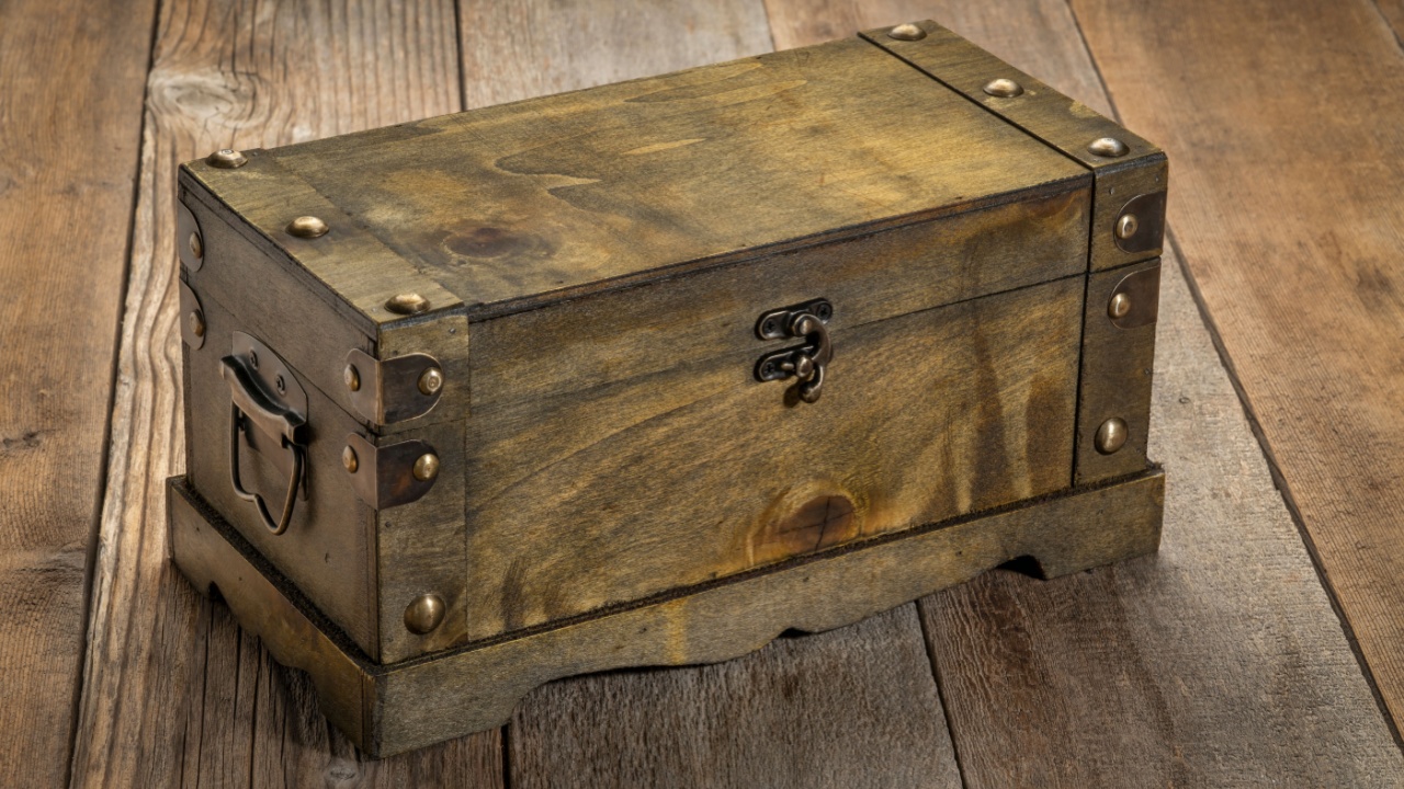 retro decorative case or storage box on wooden rustic table