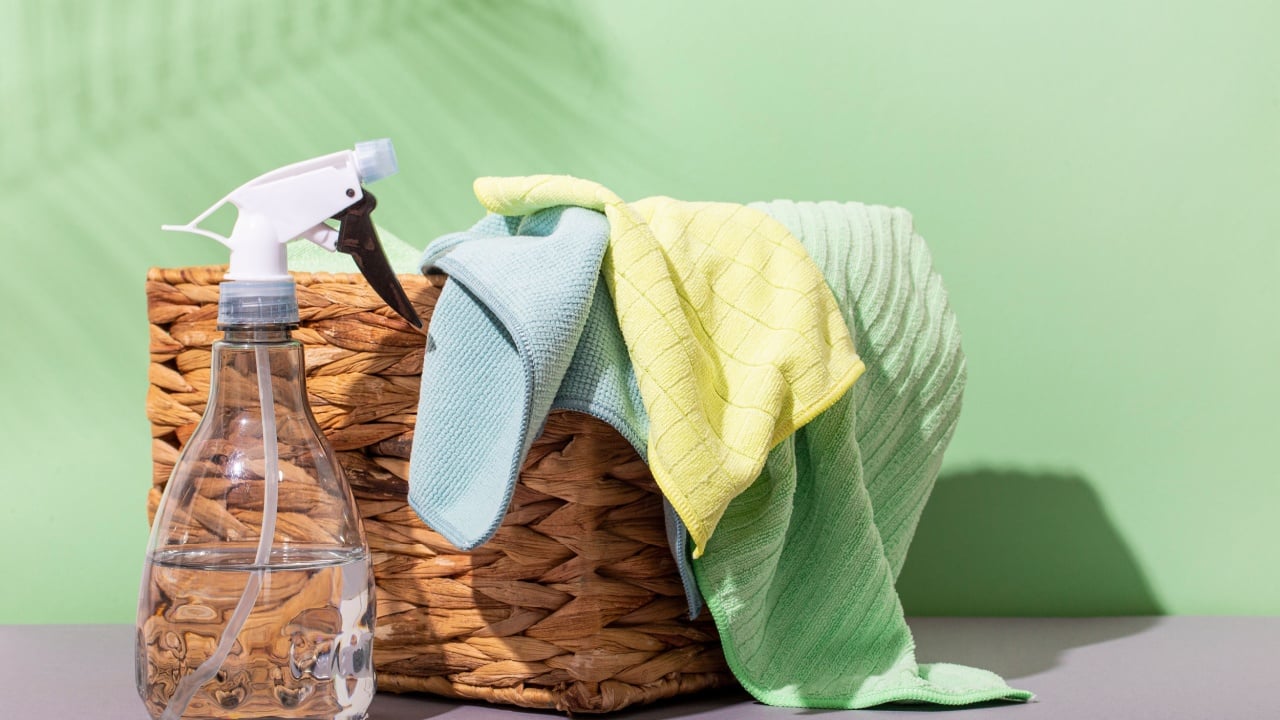 Microfiber cloths for cleaning and a spray bottle with clean water. Tools for eco friendly cleaning without household chemicals on a green background