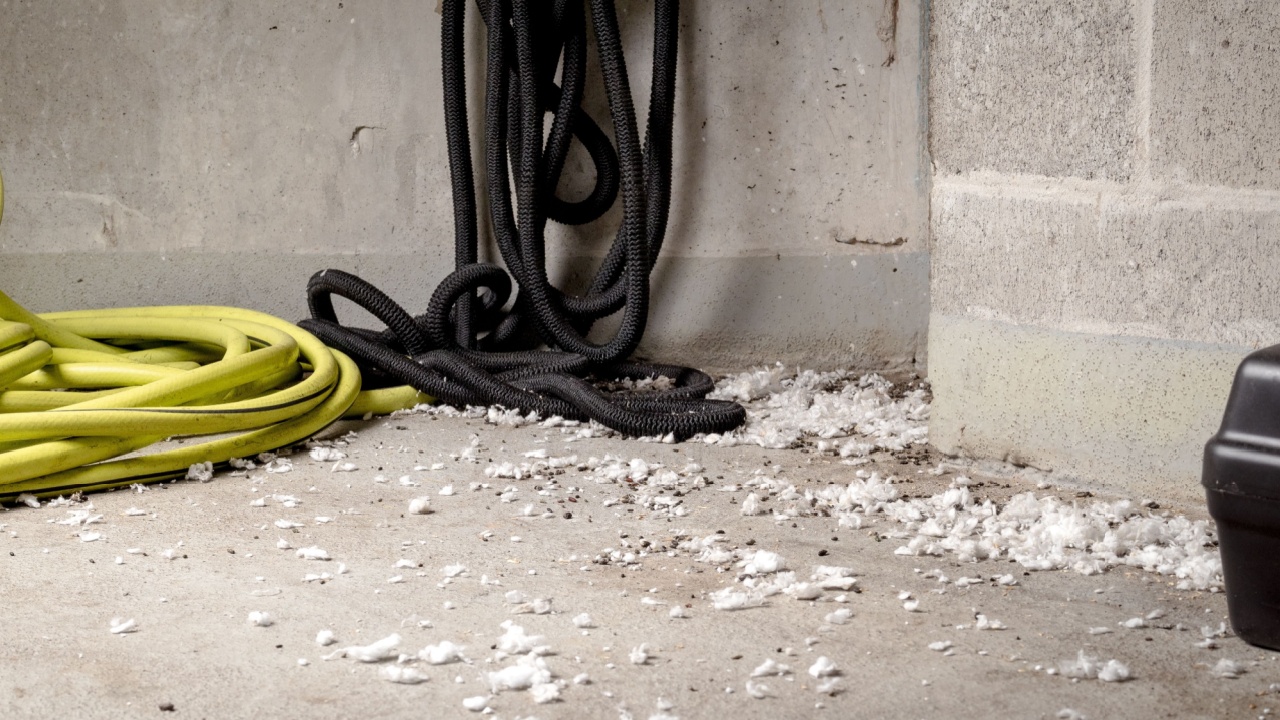 Mice infestation in service room of strata building. Room corner with many rodent droppings, white insulation pieces from the ceiling and rodent bait trap. Pest control management. Selective focus.