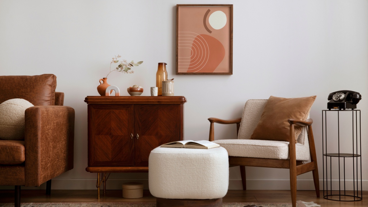 Vintage living room interior with mock up poster frame, wooden sideboard, boucle armchair, stylish white pouf, books, brown pillow, patterned carpet, books, slippers, vase with dried flowers. Template