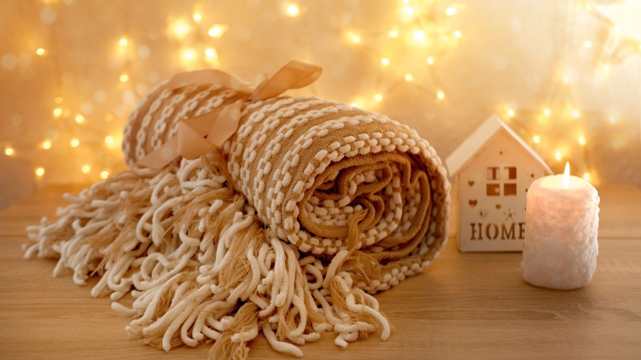beautiful cozy creamy plaid with fringe lies rolled up on light table against festive background with bokeh of garlands, wooden house with candle, concept of sweet house, warm cute gift for holiday
