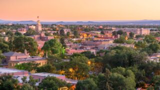 Santa Fe, New Mexico, USA downtown skyline at dusk.