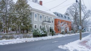 Old houses in Portsmouth, NH, with snow