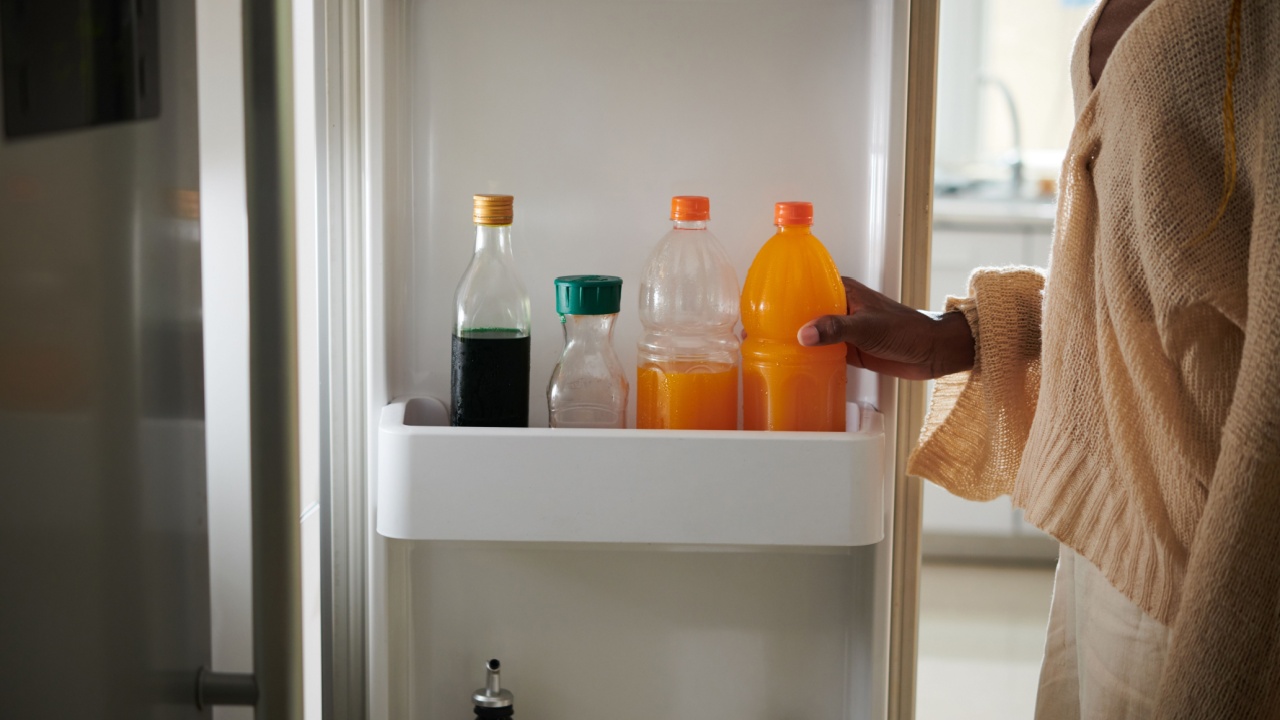 Woman taking bottle of orange soft drink from fridge