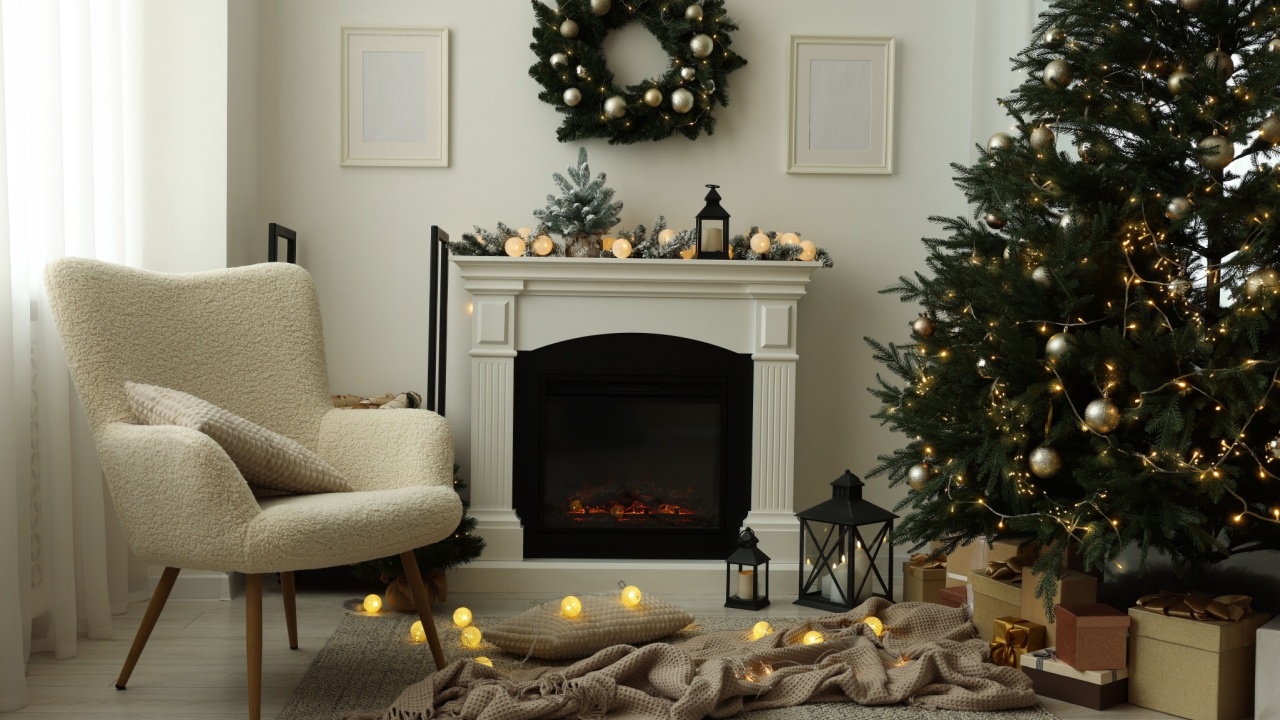 Cozy room with fireplace decorated for Christmas