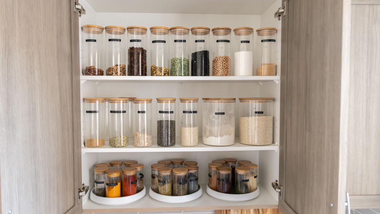 Neatly organized labeled food pantry in a home kitchen with spices grains flour rice sugar nuts