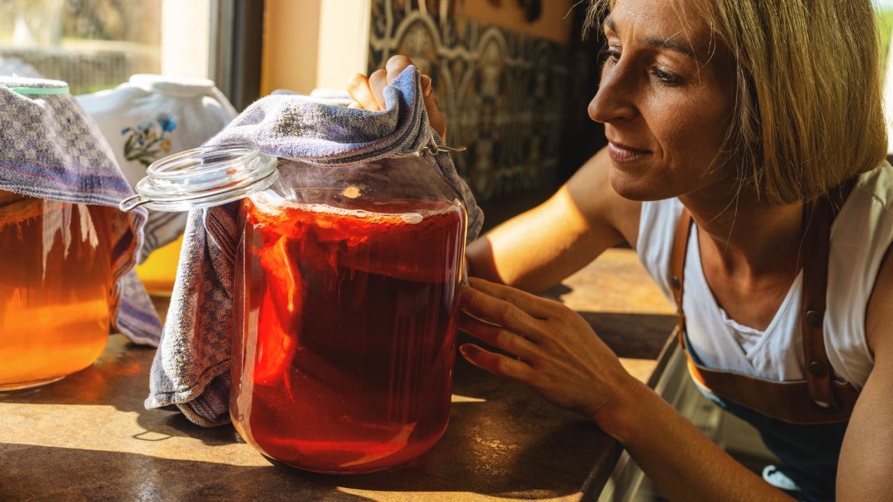 Happy Woman examined kombucha tee with mushroom layers in a large jar. organic healthy drink fermented food, Probiotic nutrition drink for good balance digestive system.