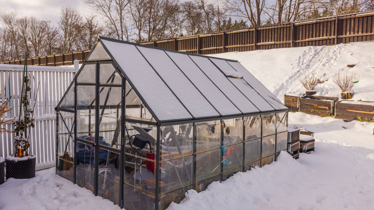Beautiful winter view of small garden and greenhouse. Gardening concept. Sweden.