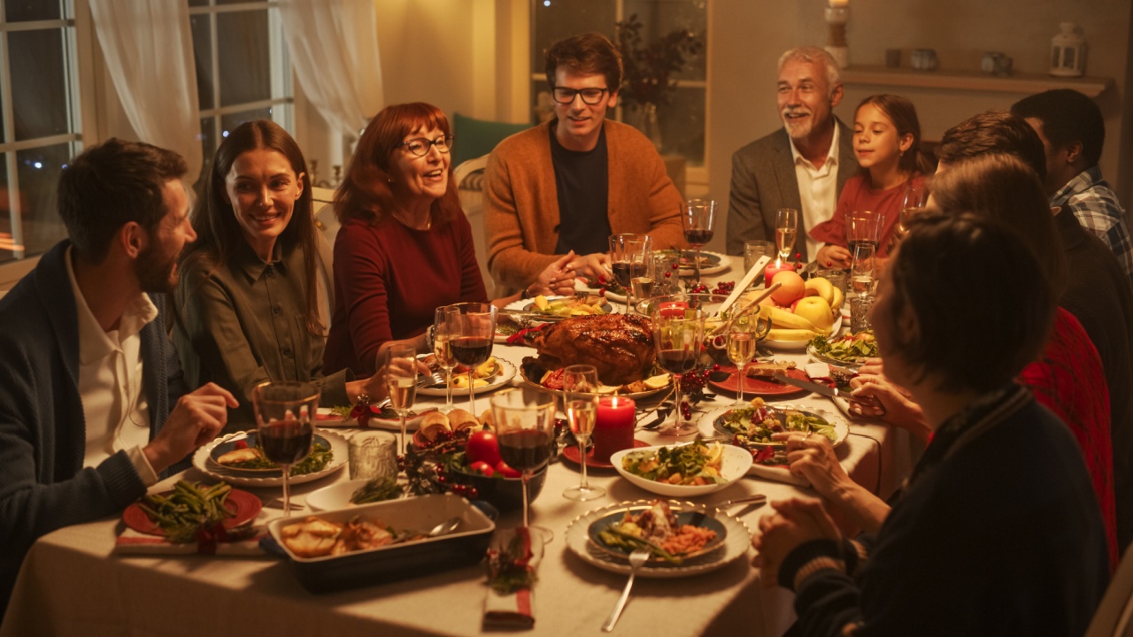 Family, Children, Friends and Young Couples Gather at Home for a Festive Christmas Evening. Diverse People Enjoy Delicious Turkey Feast and Share Heartwarming Conversations. Cozy Holiday Celebration