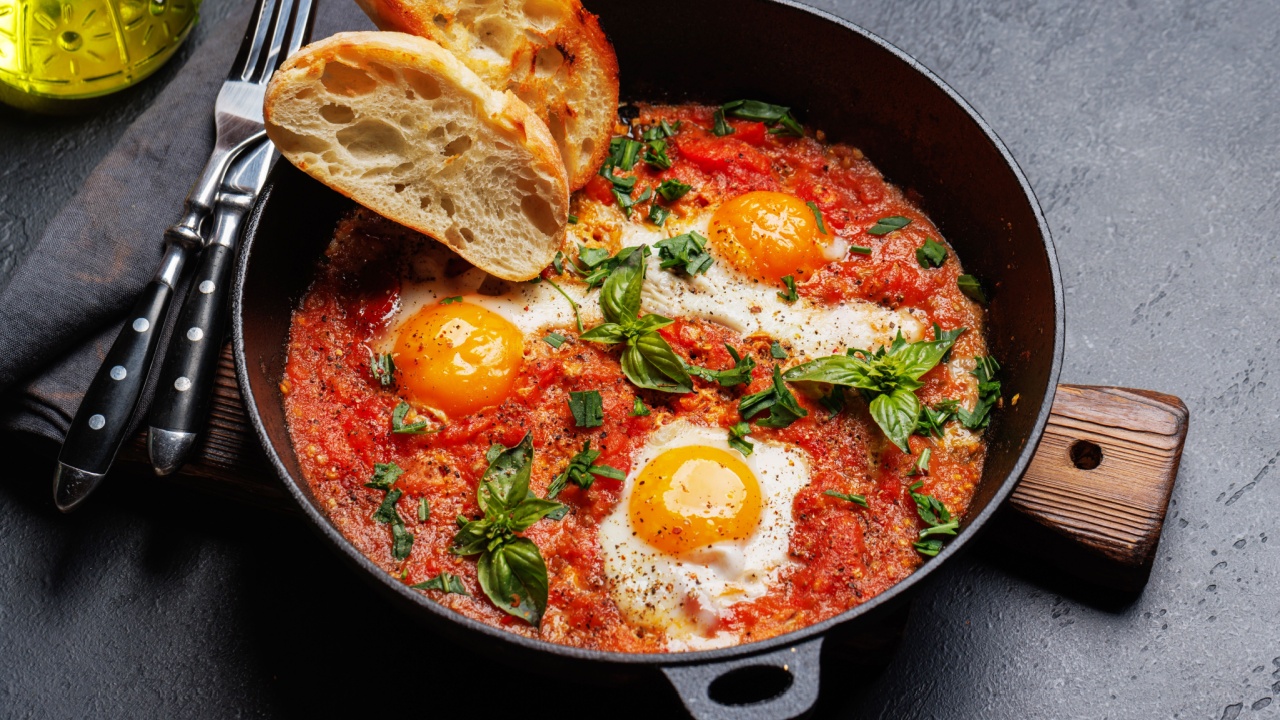 Delicious shakshuka breakfast in a frying pan