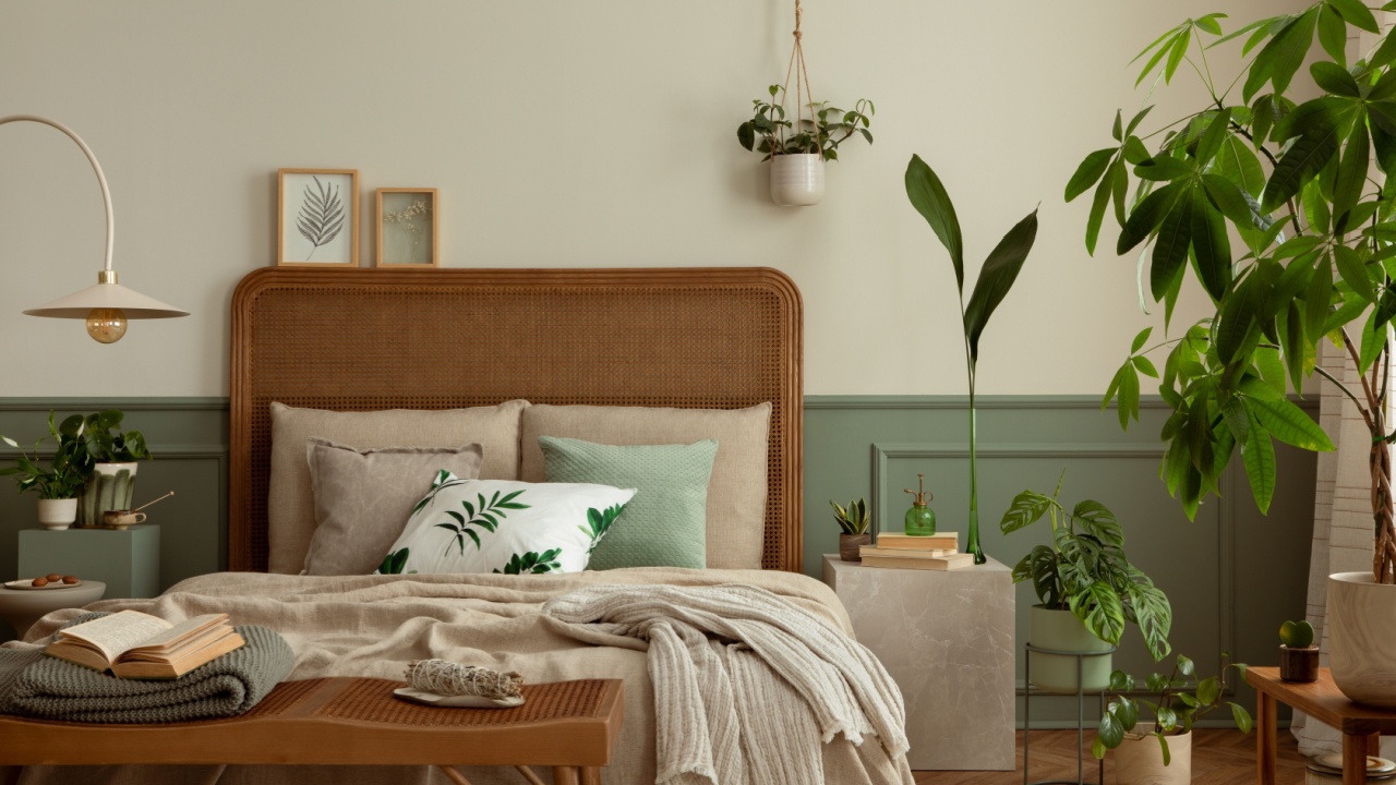 Warm and cozy bedroom interior with mock up poster frame, boho bed, beige bedding, green wall with stucco, books, brown slippers, plants in pots and personal accessories. Home decor. Template.