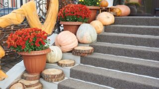 Steps decorated with pumpkins for the holiday