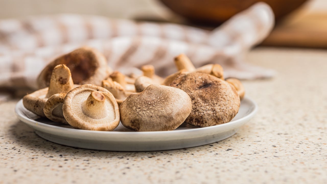 Fresh shiitake mushrooms on plate on the kitchen table.