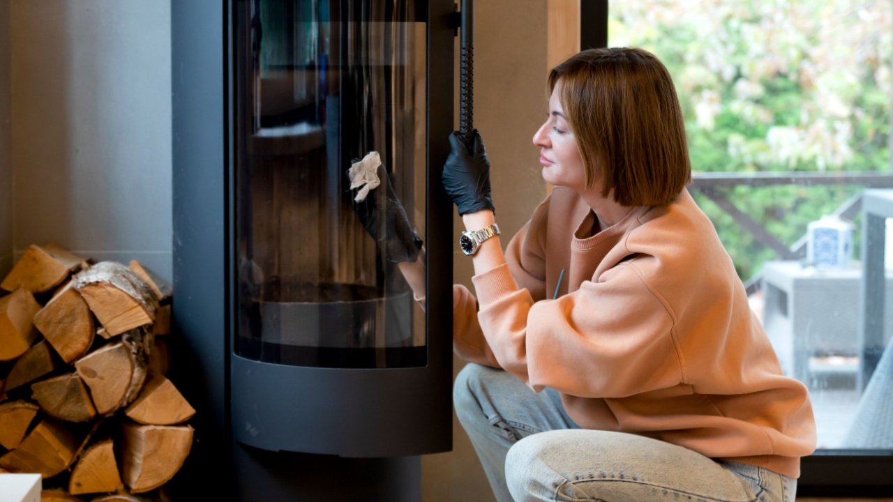 Young woman cleaning fireplace. Preparation for cold winter