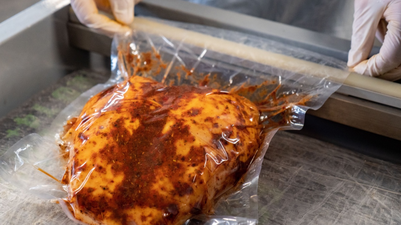 Chicken meat is packed in a sealed bag