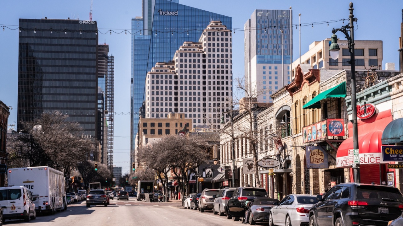 Austin, Texas - February 22, 2024: View of historic Sixth Street known for its many live music bars in downtown Austin Texas