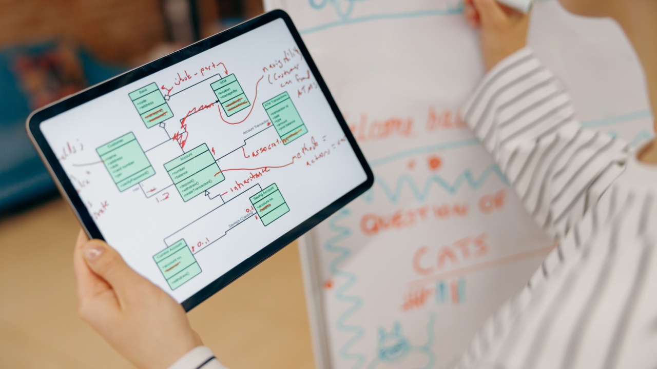 Close up of female manager is writing something from digital tablet on whiteboard in office