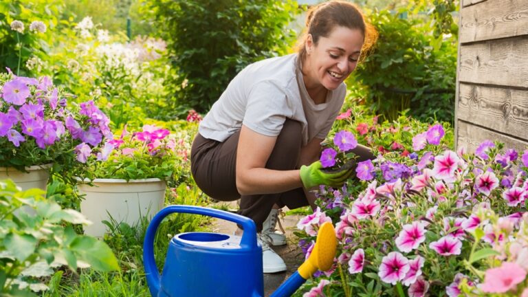 Gardening and agriculture concept. Young woman farm worker gardening flowers in garden. Gardener planting flowers for bouquet. Summer gardening work. Girl gardening at home in backyard