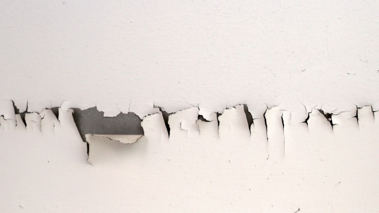 White color paint peeling off on ceiling house. Under the roof