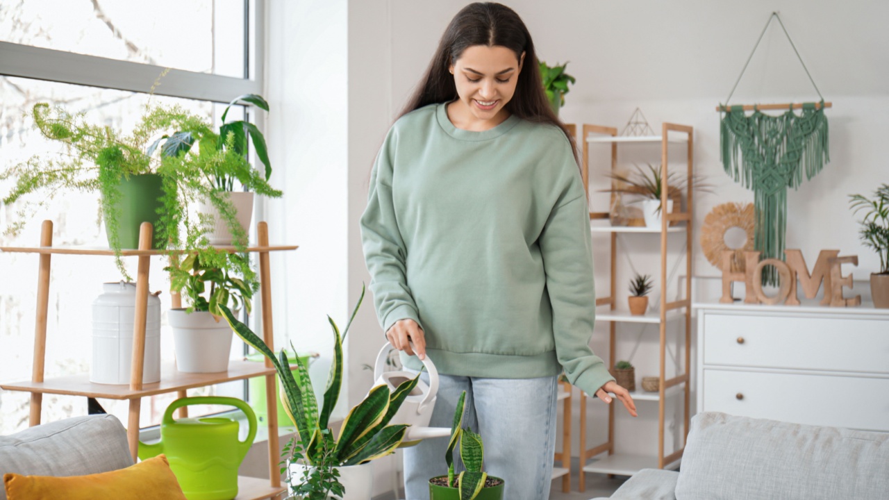 Young happy woman watering houseplant at home