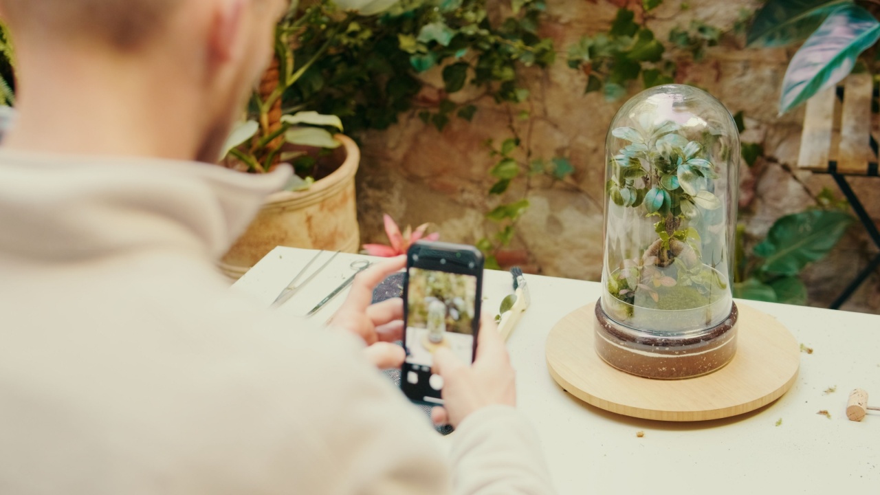 Close-up of a man's hands taking a smartphone photo of the final stage of creating a terrarium, covering the plants with a glass dome