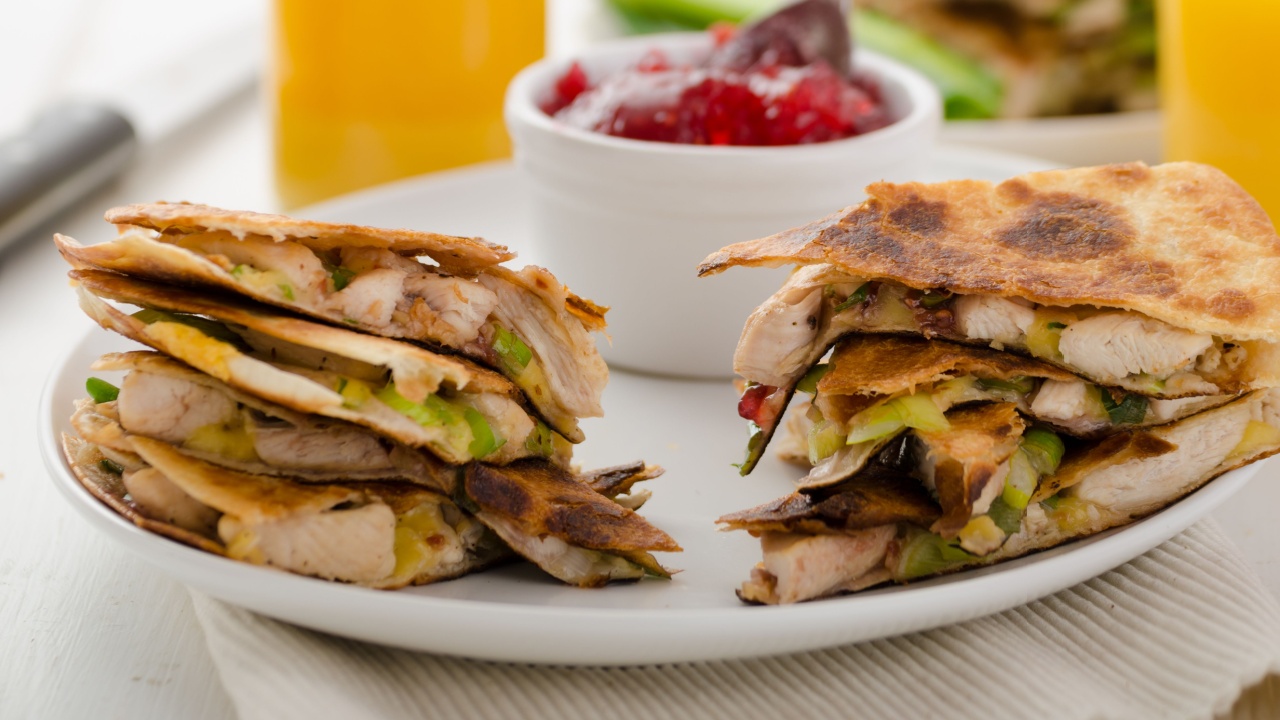 Turkey quesadillas with currant sauce, fresh orange juice