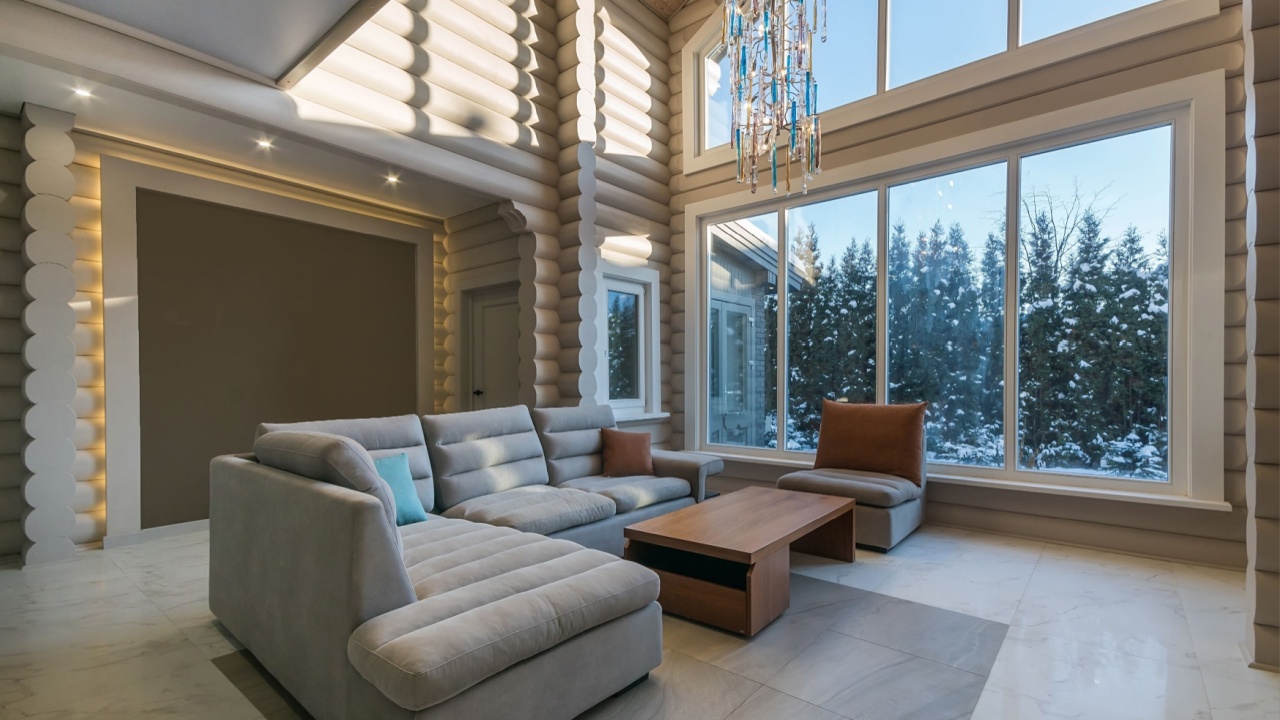 Living room in a luxurious wooden house with an exclusive chandelier on a high ceiling. The panoramic window lets in the rays of the winter sun.