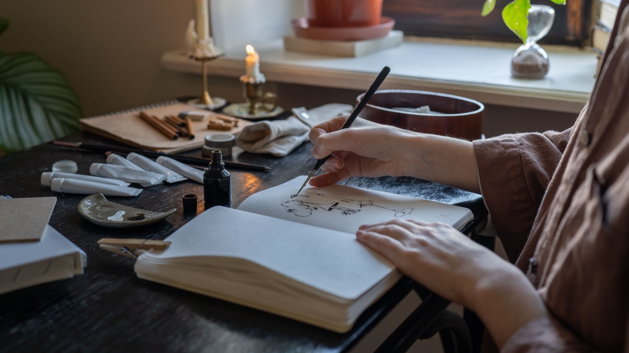 Unrecognizable woman hands with fine brush create sketch in notebook. Drawing as profession, hobby, cozy atmosphere with candles at home, working with comfort, mindfulness, slow life of artist