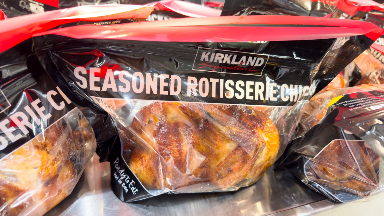 Los Angeles, CA - September 25, 2024: Costco warehouse rotisserie chicken in a bag on display at local club.