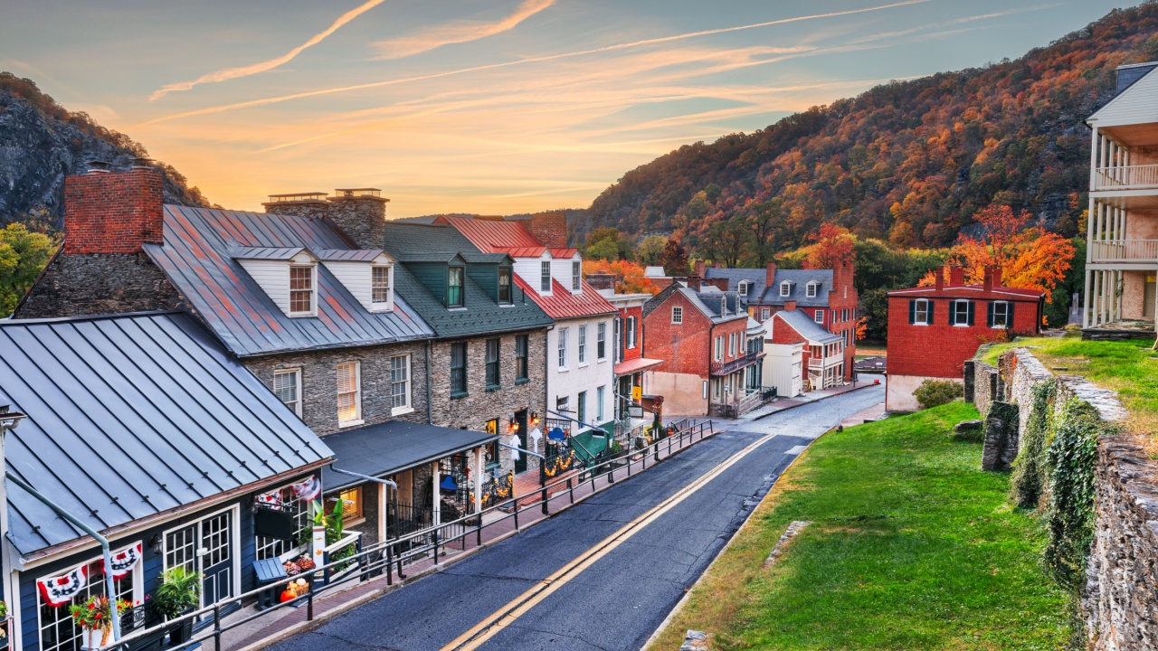 Harpers Ferry, West Virginia, USA townscape at dawn in autumn.
