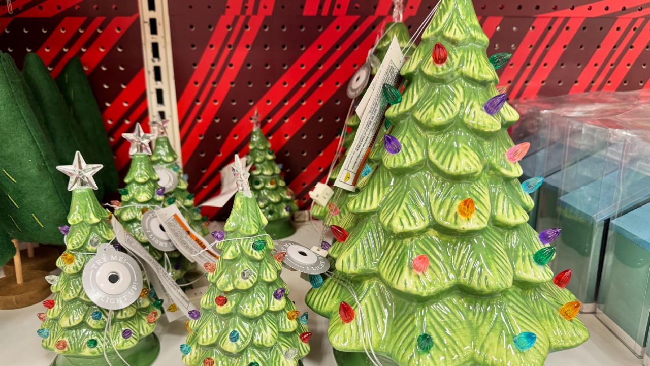 Merrifield, Virginia - November 4, 2024: Vintage style ceramic Christmas trees decorations on sale at a Target store