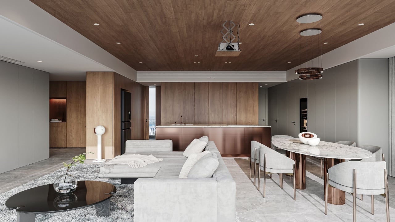 Modern Open-Concept Living and Dining Area with Minimalist Decor and Wooden Accents