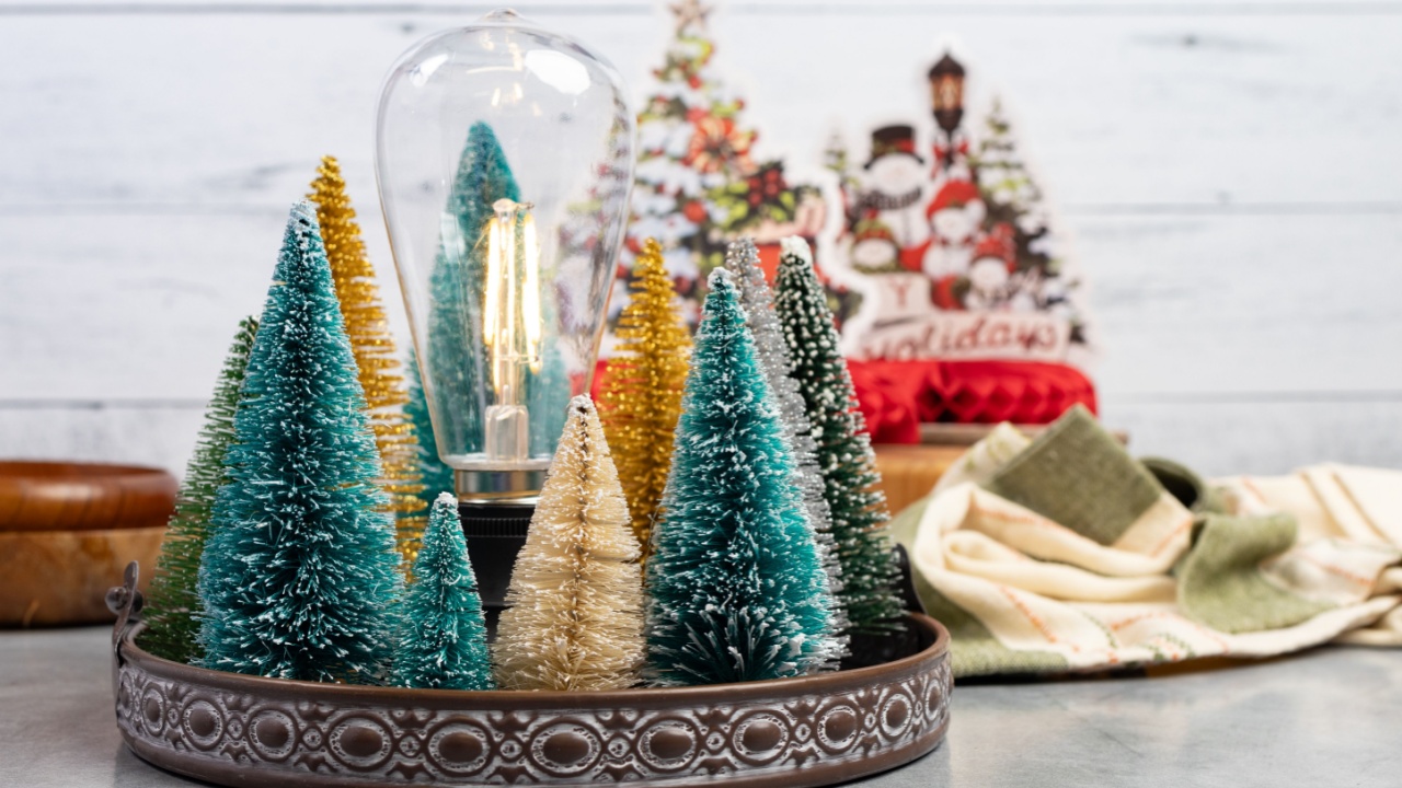 Bottle Brush Christmas Tree decorations in a tray
