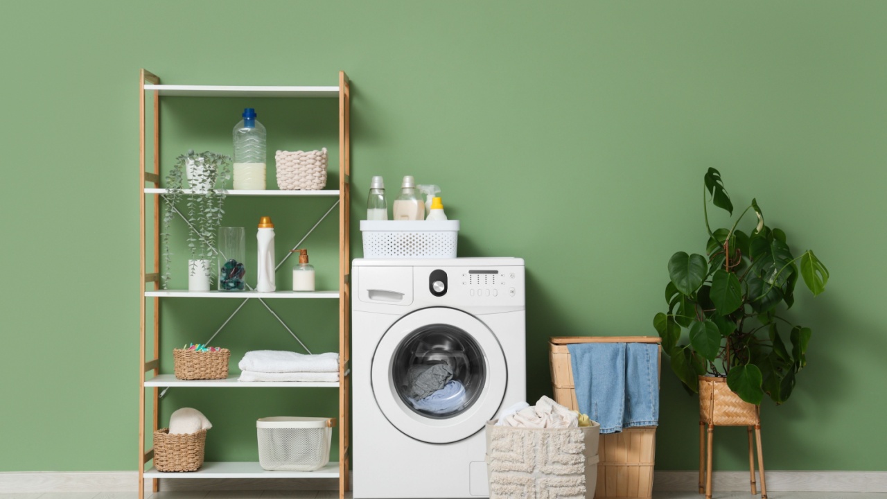Interior of modern laundry room with washing machine, baskets and shelving unit