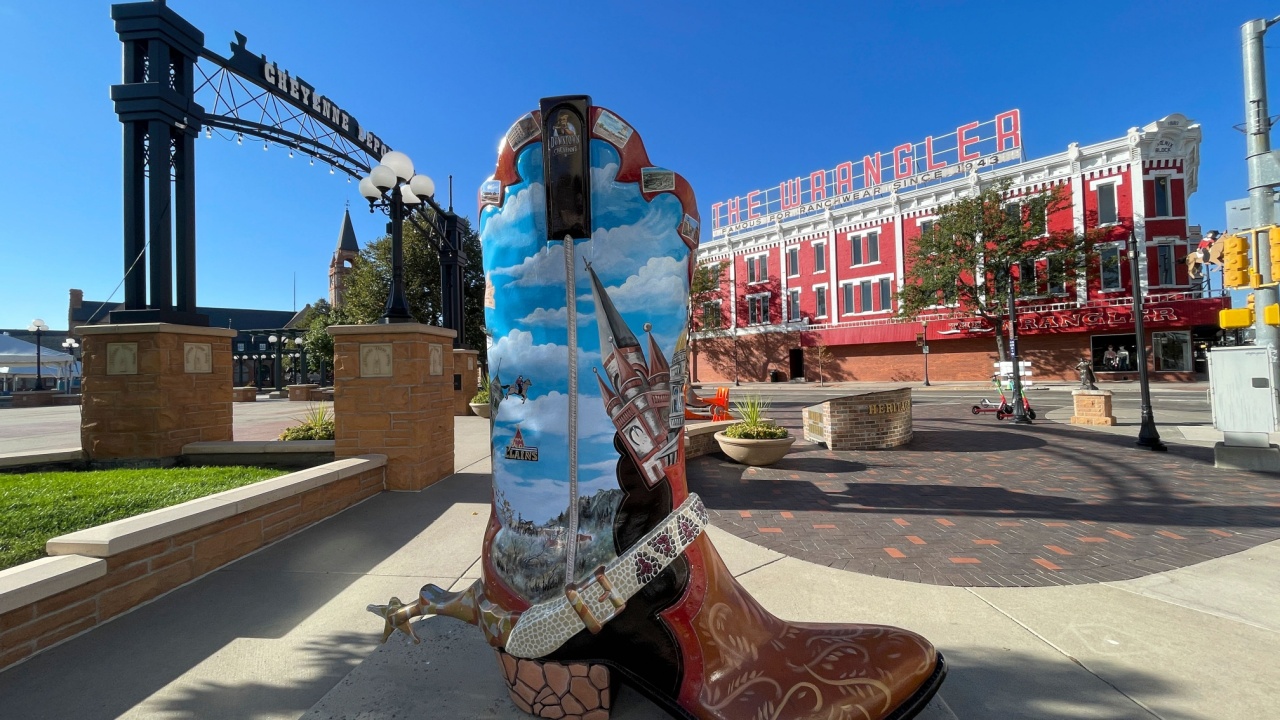 CHEYENNE, WYOMING, USA - SEPTEMBER 26, 2023: Cowboy boot in Cheyenne downtown historic district, Wyoming, USA