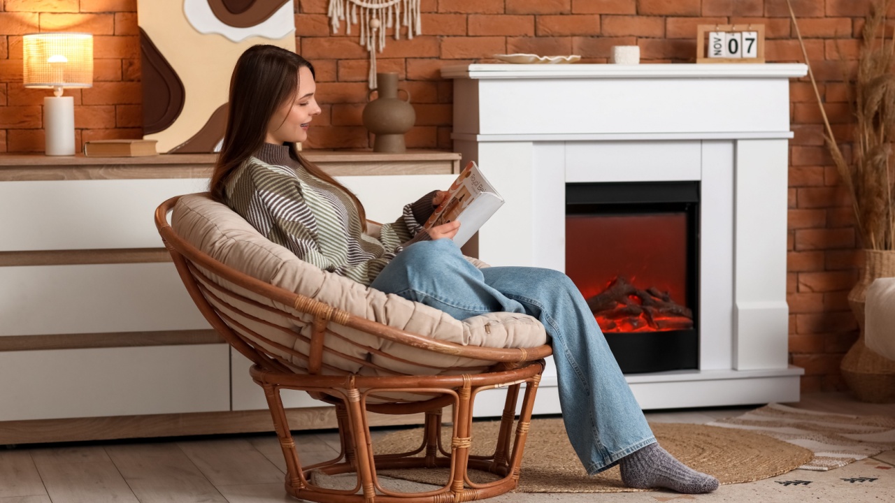 Beautiful young happy woman reading magazine on armchair near fireplace in living room
