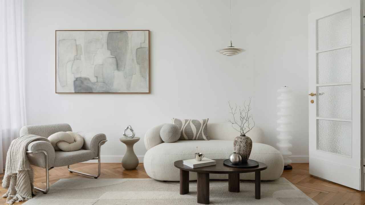 A serene living room with a neutral color palette, featuring a plush curved sofa, abstract artwork, and soft textures for a warm, modern aesthetic.