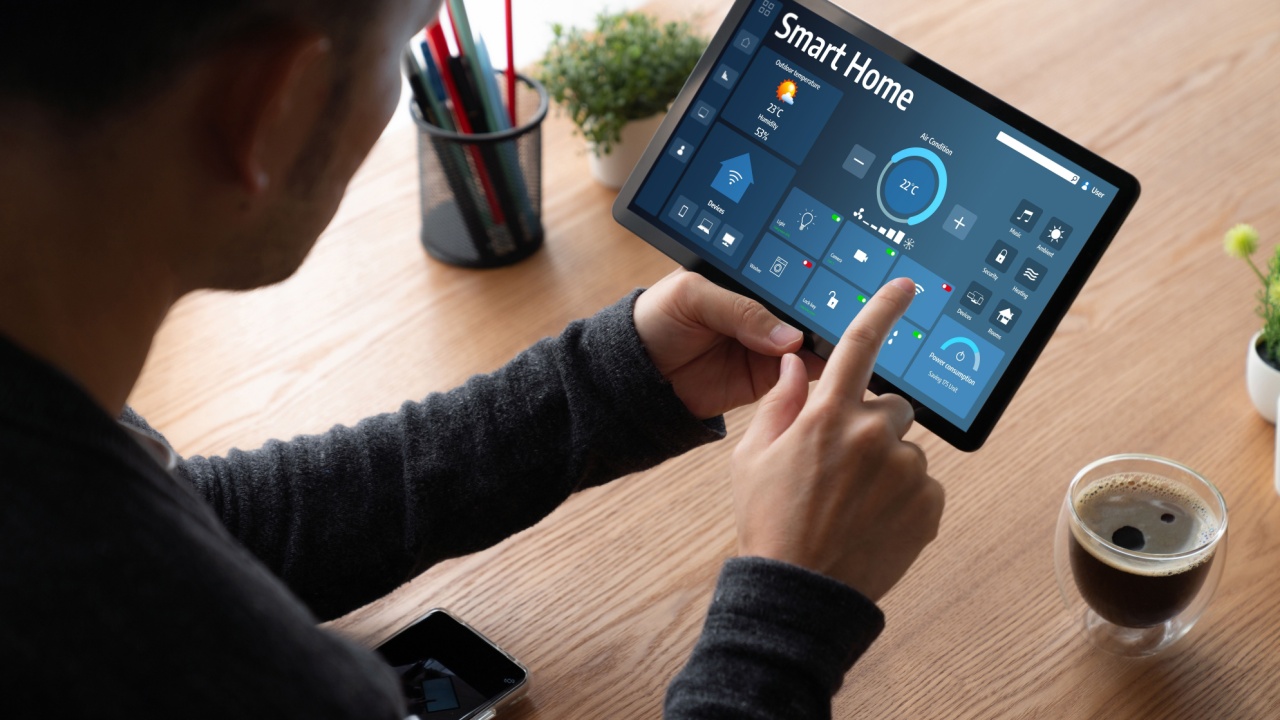 Smart home technology, centric remote control system with digital dashboard for air conditioning, safety security network or house automation. App software, ui panel programming IOT monitor snugly