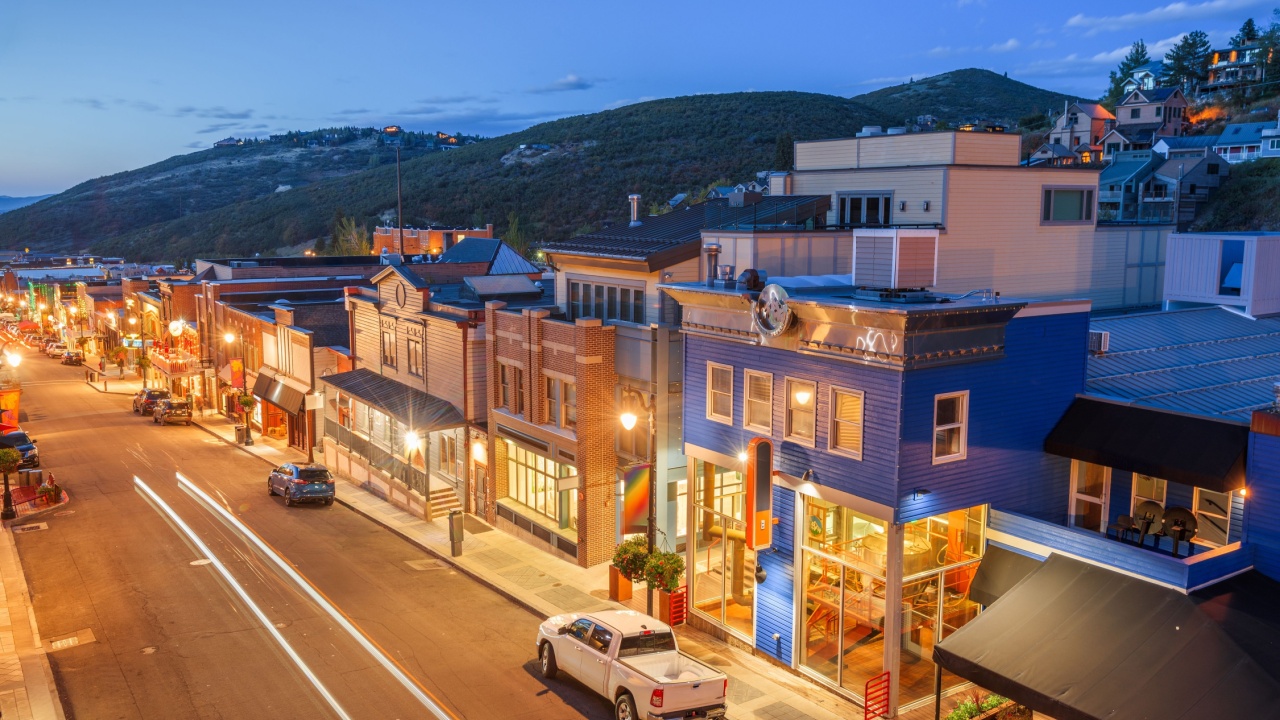Park City, Utah, USA town skyline over Main Street at twilight.