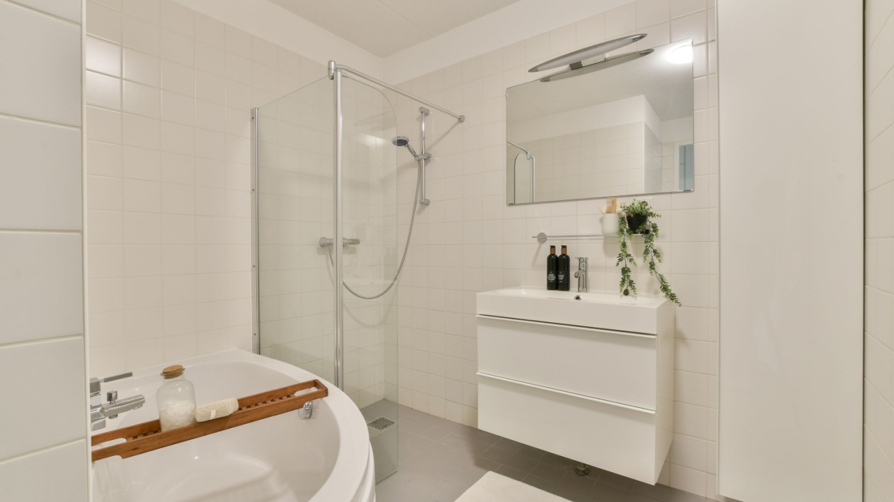 A stylish modern bathroom featuring a shower, bathtub, and sleek storage solutions, accentuated by minimalist decor and neutral tones.