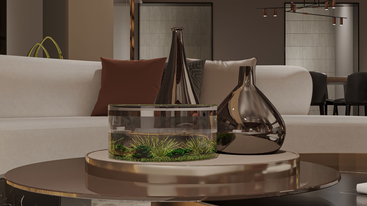 Close-up of Modern Coffee Table Decor with Vases and Terrarium