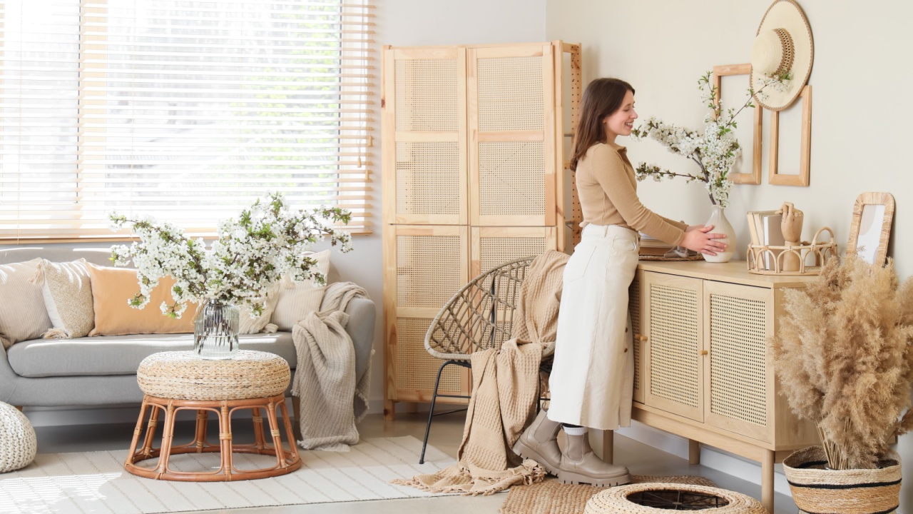 Young woman putting vase with flowering branches on chest of drawers in living room
