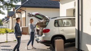 Young couple packing clothes into boxes and getting prepared for the moving in