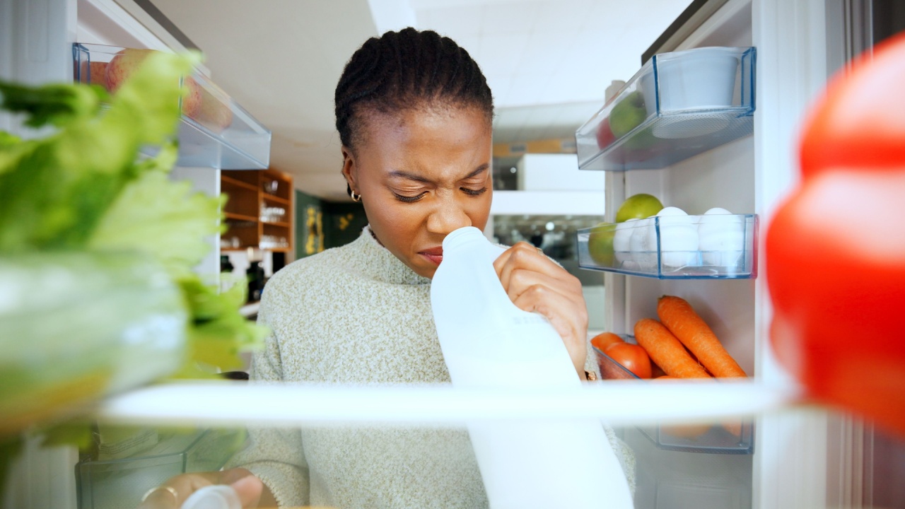 Black woman, fridge or smell with expired milk at house for bad odor, foul scent or spoiled product. Pov, female person or check for rotten ingredients, food safety or forgotten diary in refrigerator